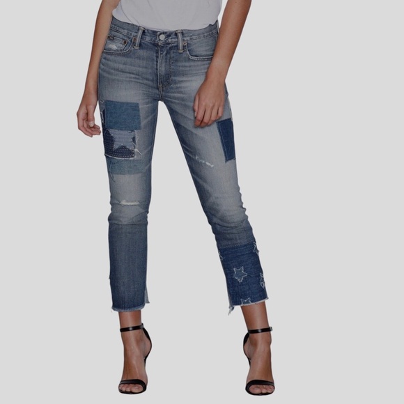 POLO RALPH LAUREN WAVERLY PATCHWORK STRAIGHT CROPPED BLUE DENIM JEANS - Picture 7 of 16